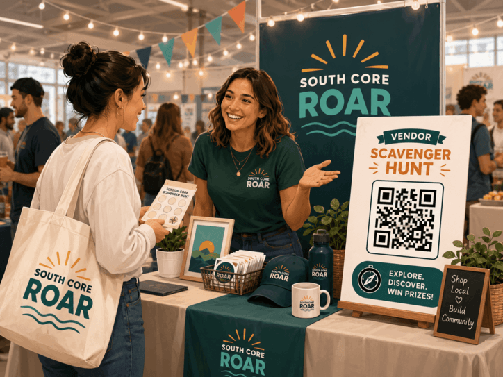 A vendor booth displaying its scavenger hunt QR code sign