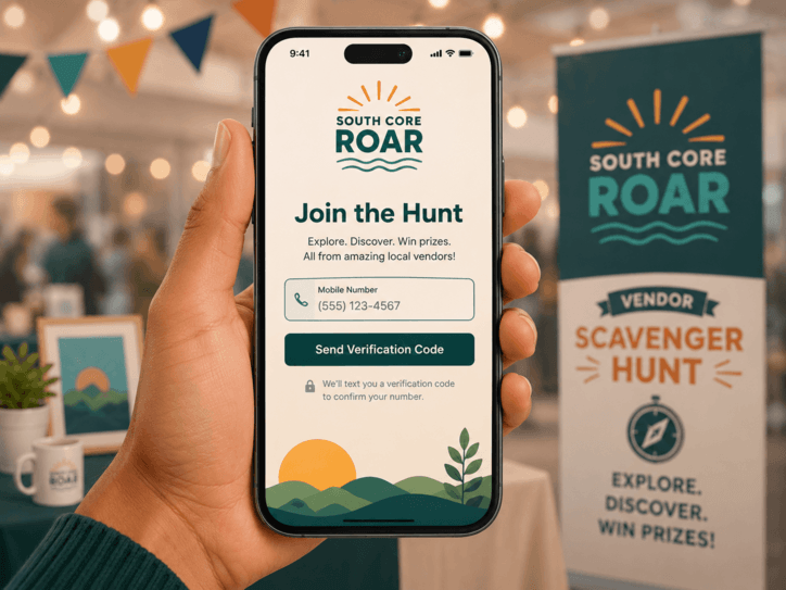 The scavenger hunt sign-up screen asking for a mobile number